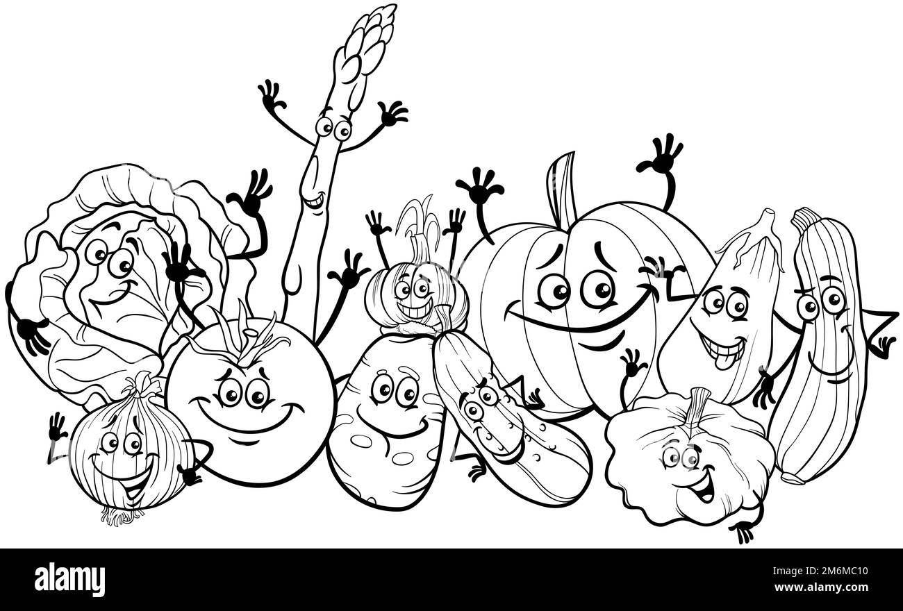 Page de coloriage de groupe de personnages de dessin animé drôle Banque D'Images