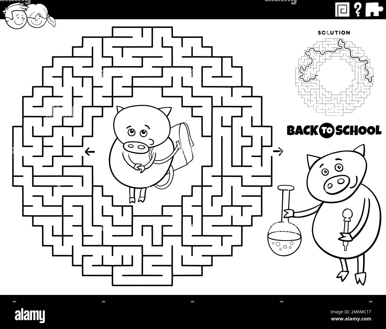 Labyrinthe avec porcelet de dessin animé allant à l'école de coloriage page Banque D'Images