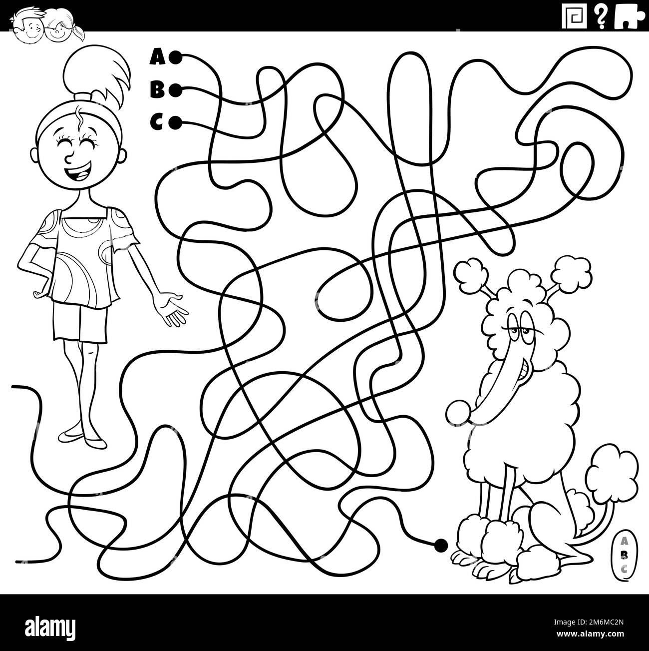 Labyrinthe avec dessin animé fille et sa page de coloriage de chien Banque D'Images
