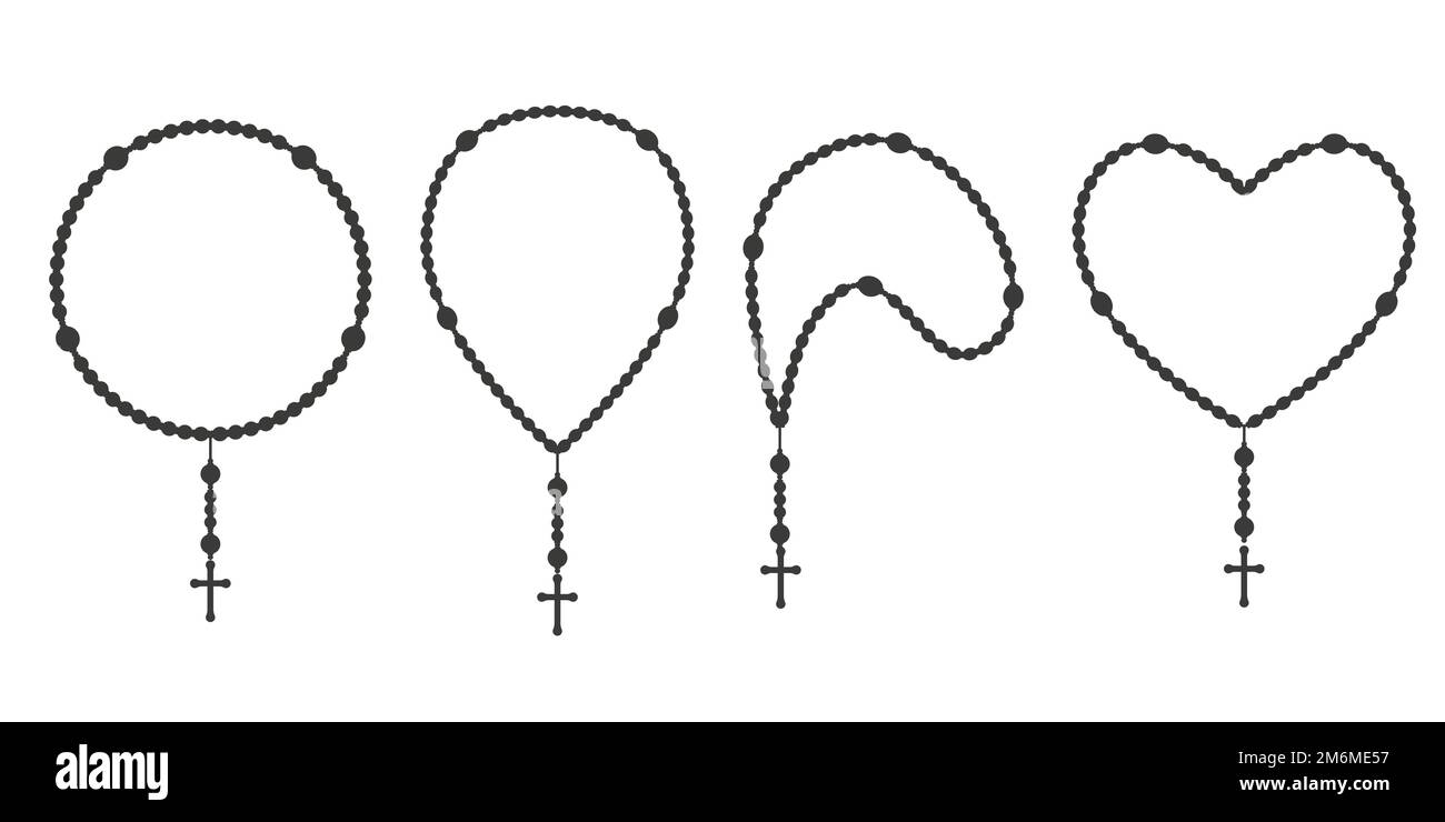 Ensemble de silhouettes Rosary perles. Bijoux en forme de coeur de prière pour la méditation. Chapelet catholique avec croix. Symbole de religion. Illustration vectorielle. Illustration de Vecteur