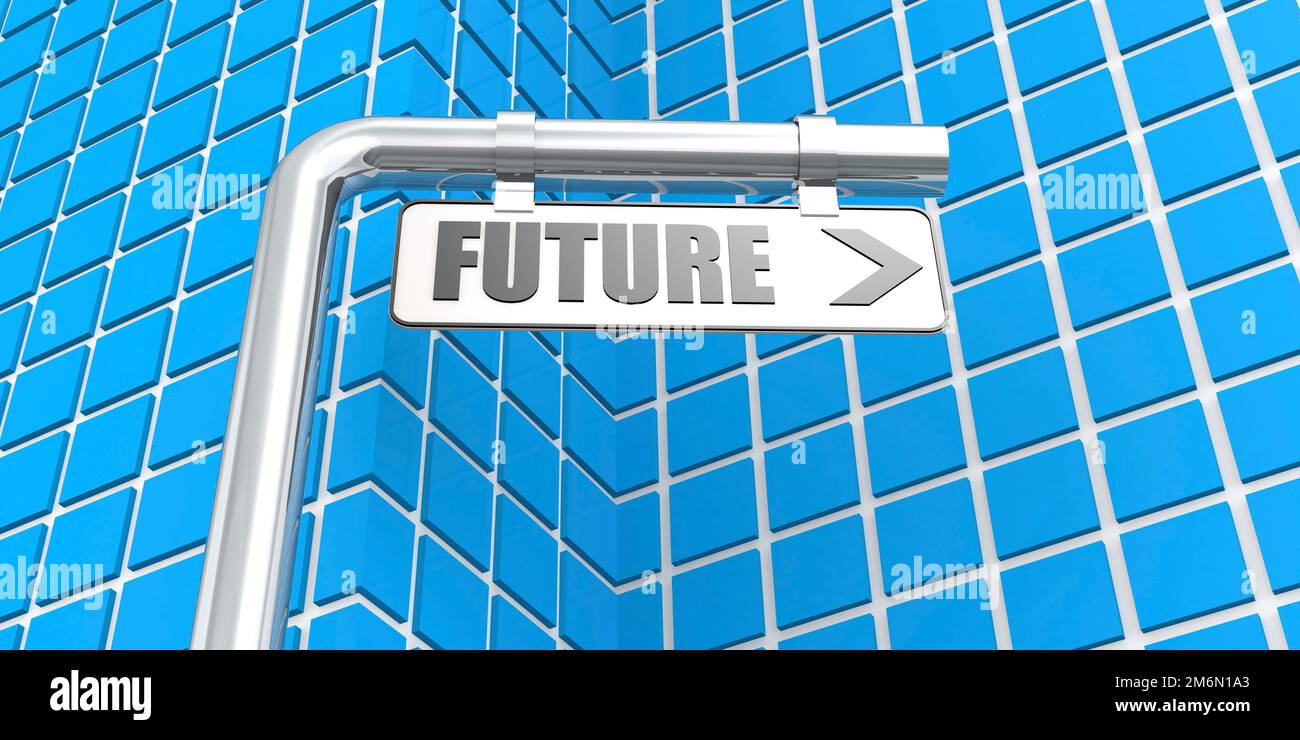 Future signalisation routière avec bâtiment bleu Banque D'Images