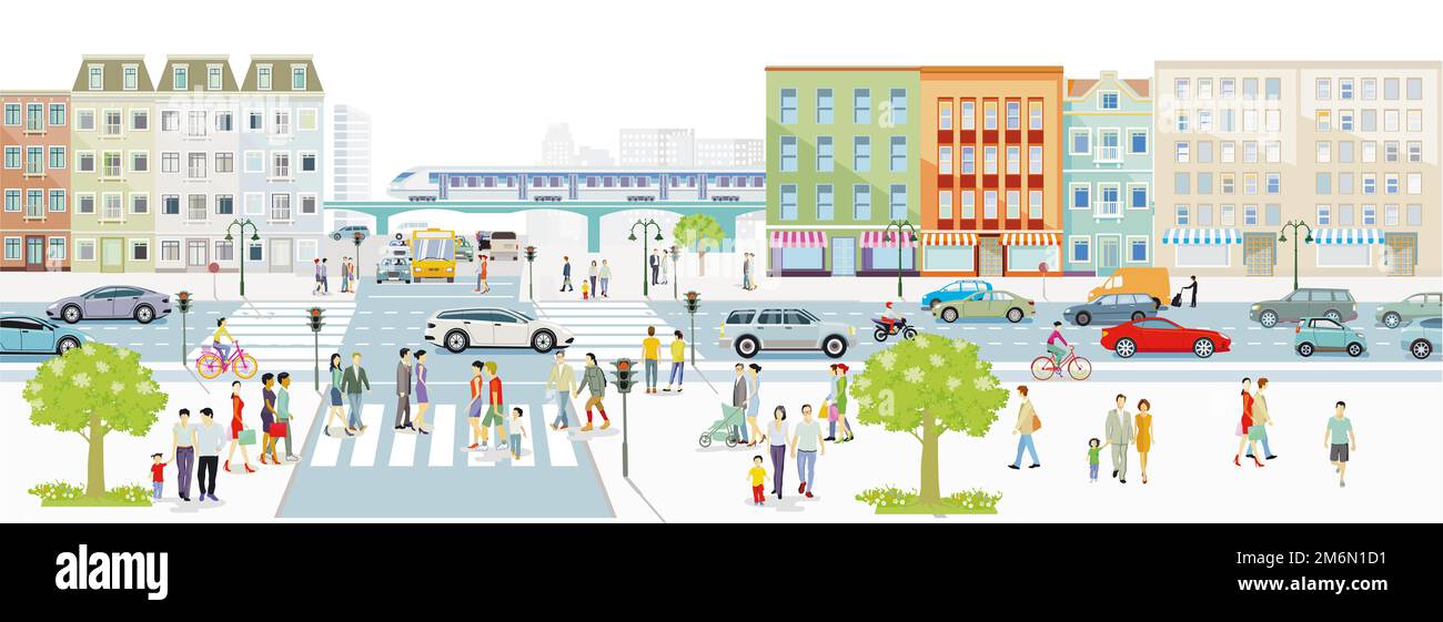 Ville avec circulation routière, immeubles d'appartements et piétons sur l'illustration du trottoir Banque D'Images
