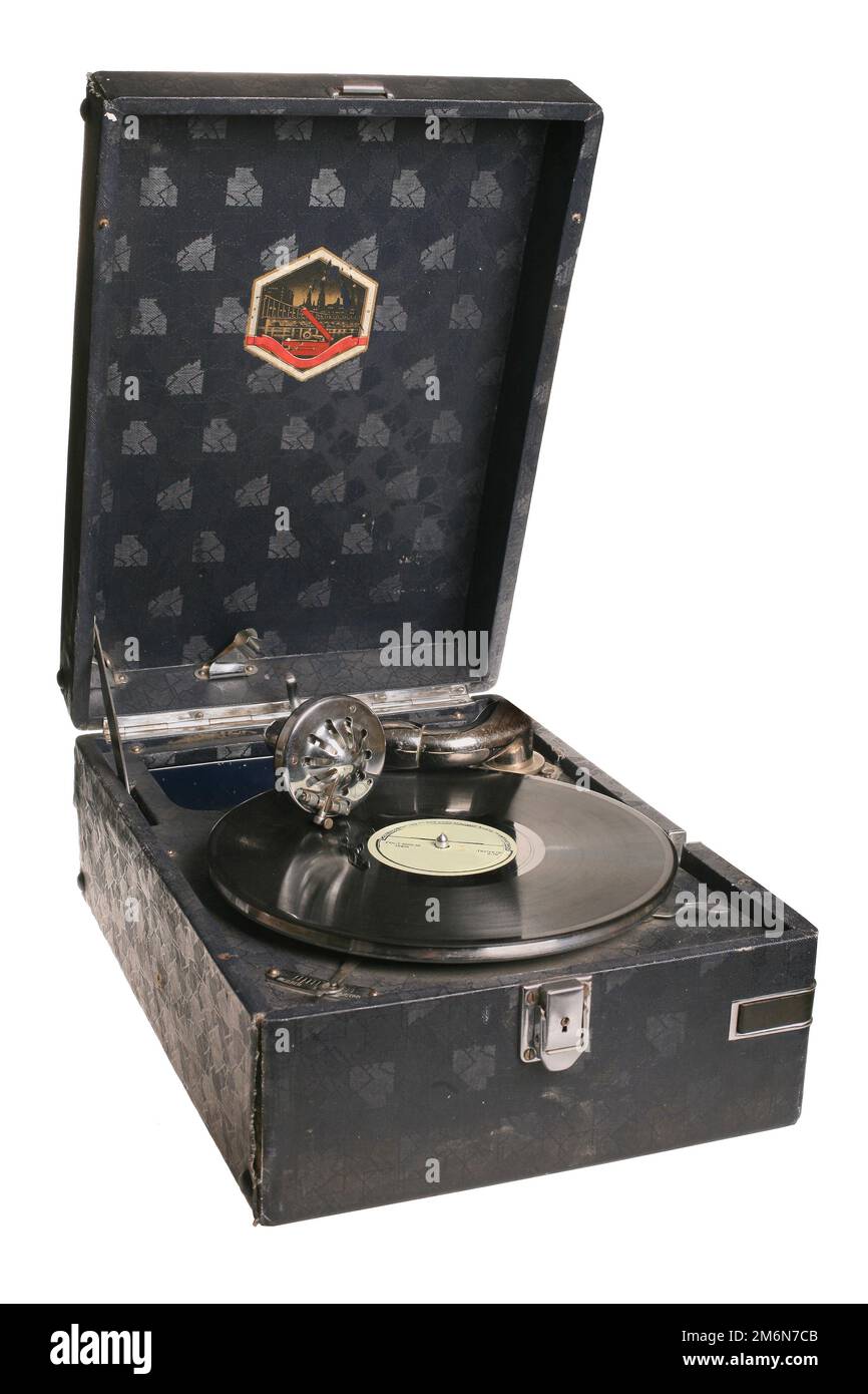 Lecteur de disques vinyle vintage sur fond blanc Banque D'Images