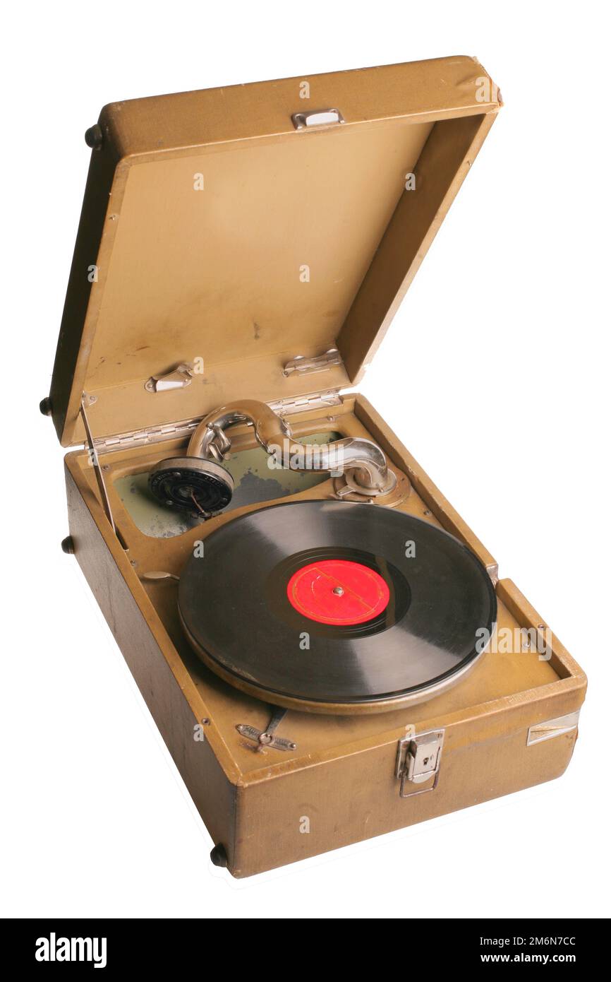 Lecteur de disques vinyle vintage sur fond blanc Banque D'Images