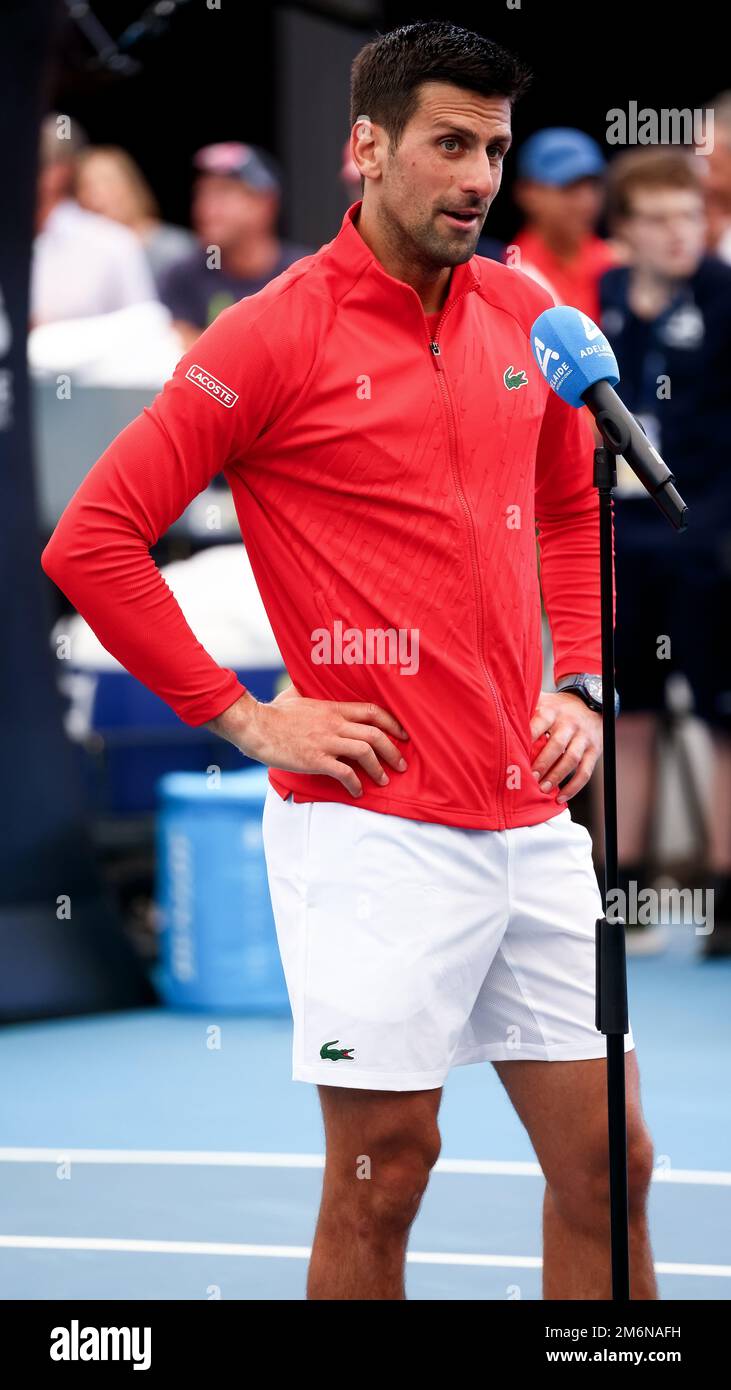 Adélaïde, Australie, 5 janvier 2023. Interview de Novak Djokovic de Serbie après avoir remporté le match international de tennis d'Adélaïde entre Novak Djokovic de Serbie et Quentin Halys de France à Memorial Drive sur 05 janvier 2023 à Adélaïde, en Australie. Crédit : Peter Mundy/Speed Media/Alay Live News Banque D'Images