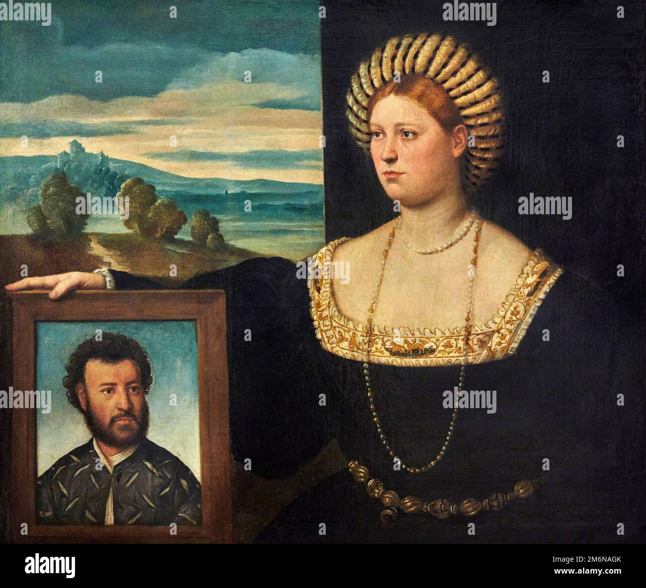 Ritratto di donna che regge l'effige del funto - olio su tela - Bernardino Licinio - 1528 - Milano, Pinacoteca del Castello Sforzesco Banque D'Images