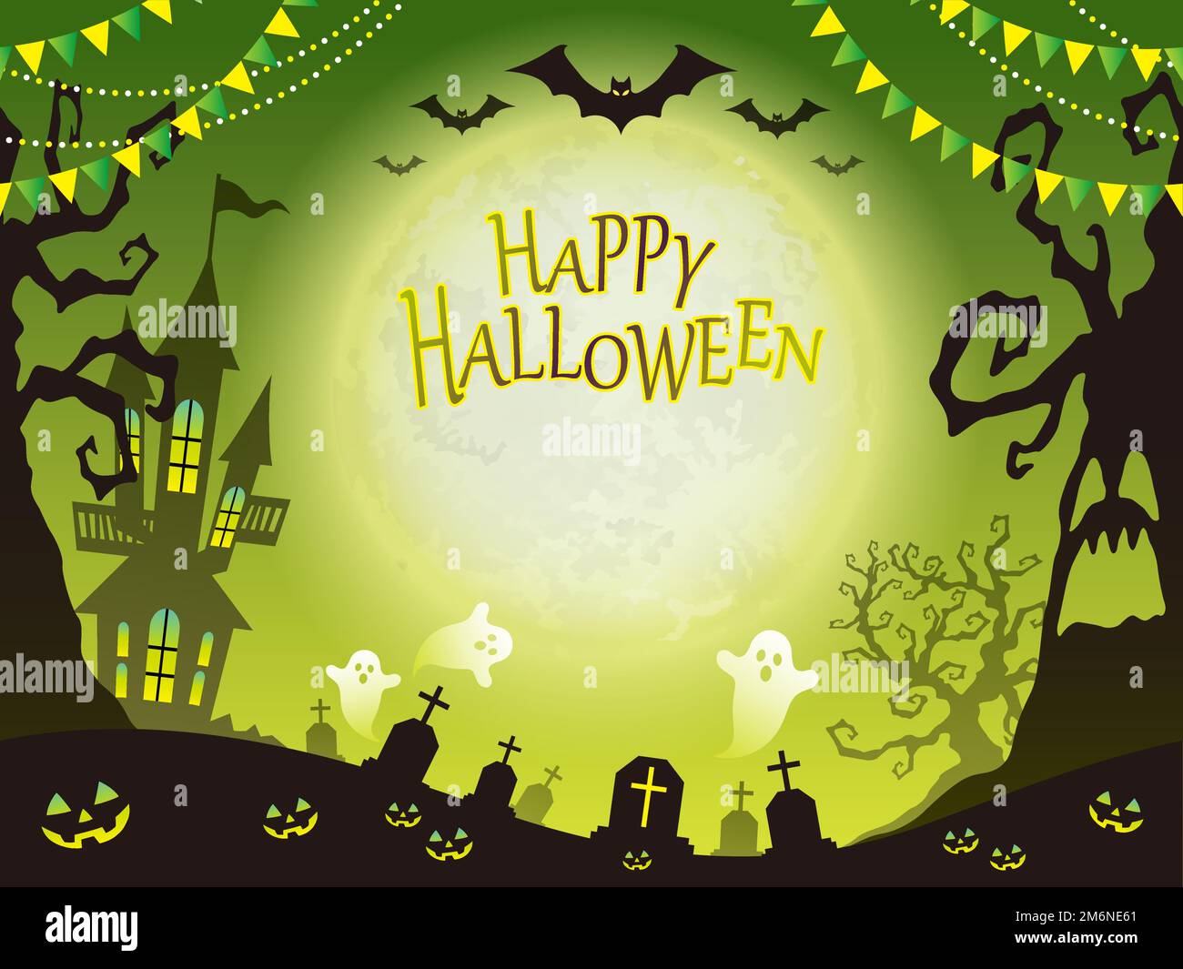 Illustration parfaite du scénario Happy Halloween avec le manoir hanté, les arbres hantés, les fantômes, la Lune et l'espace de texte. Répéter horizontalement Illustration de Vecteur