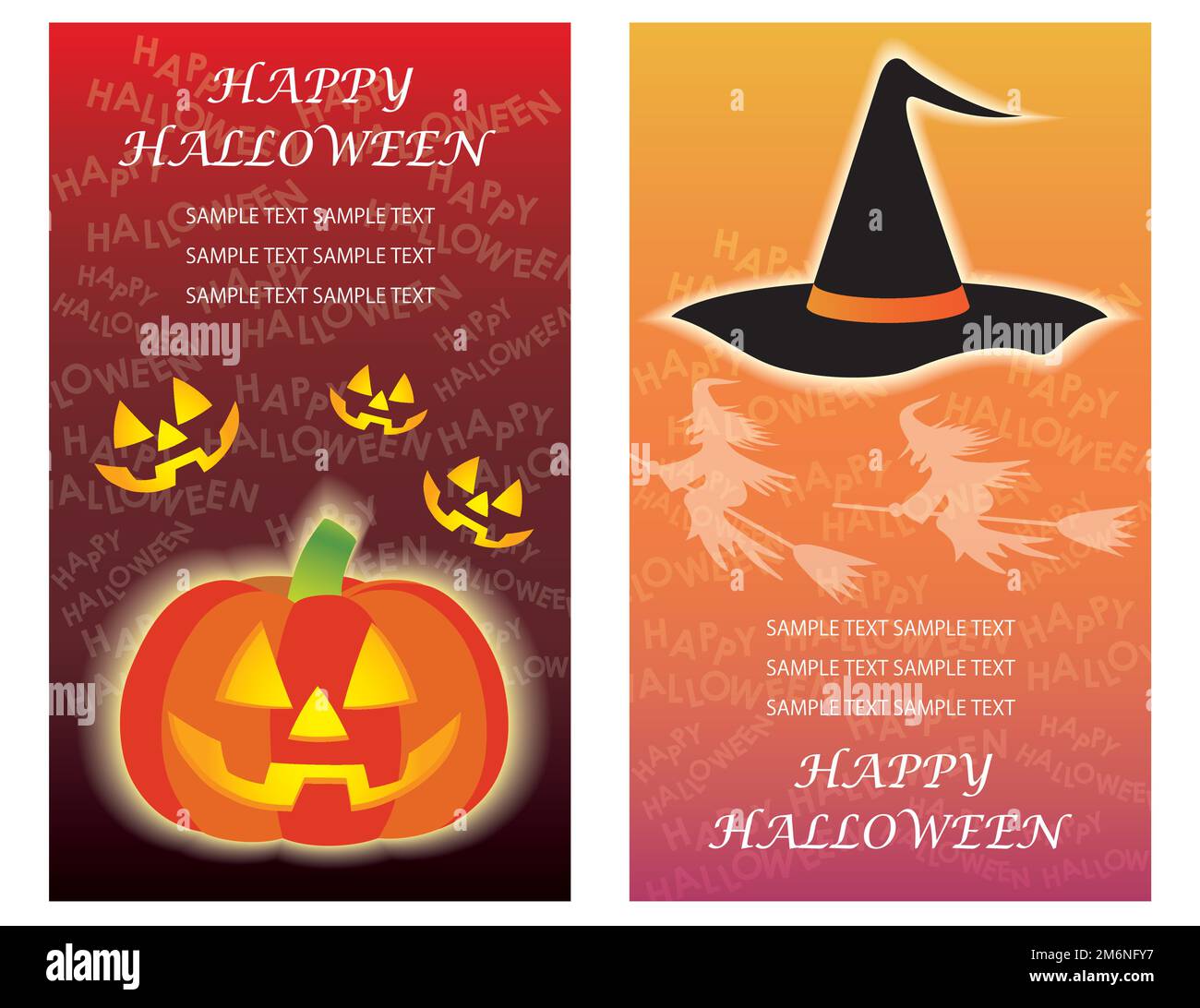Ensemble de modèles de cartes de vœux Happy Halloween Vector avec Une lanterne Jack-O’ et Un chapeau de sorcière. Illustration de Vecteur