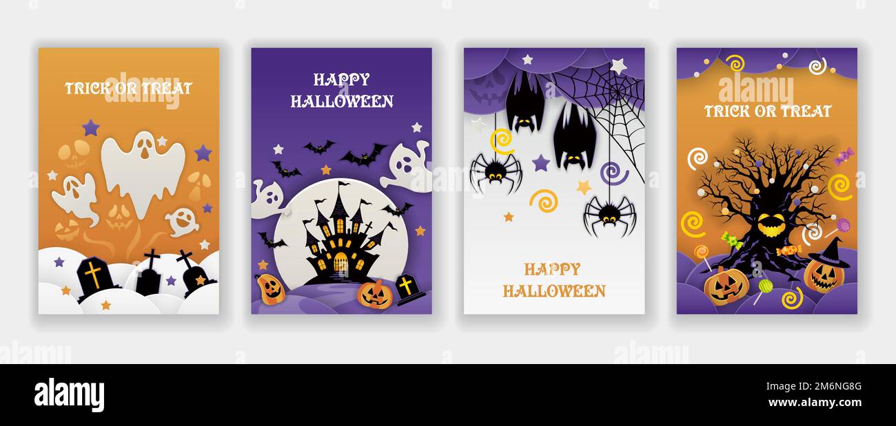 Ensemble de cartes de vœux à motif joyeux Halloween avec espace texte. Illustration de Vecteur