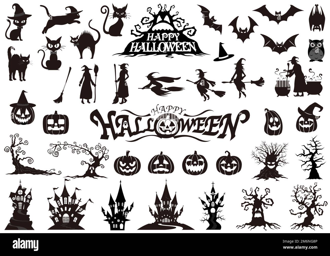 Happy Halloween Vector Silhouette Illustration Set isolé sur Un fond blanc. Illustration de Vecteur