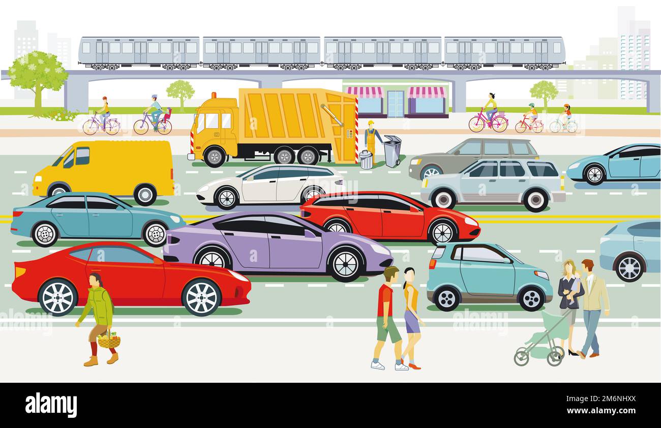 Grande ville avec circulation routière et personnes, illustration Banque D'Images