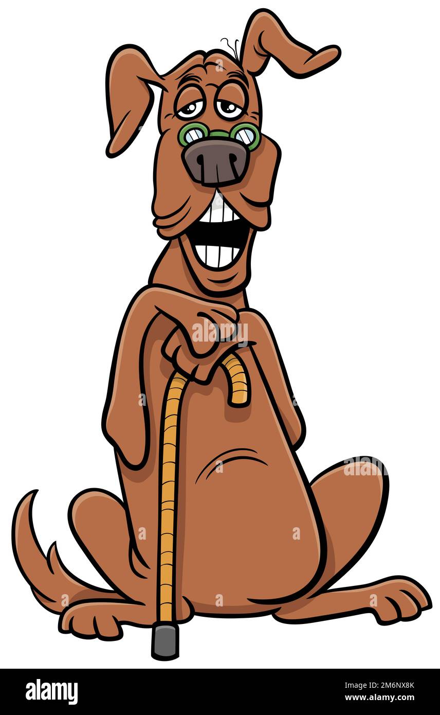 Caricature de chien senior personnage d'animal comique avec une canne Banque D'Images