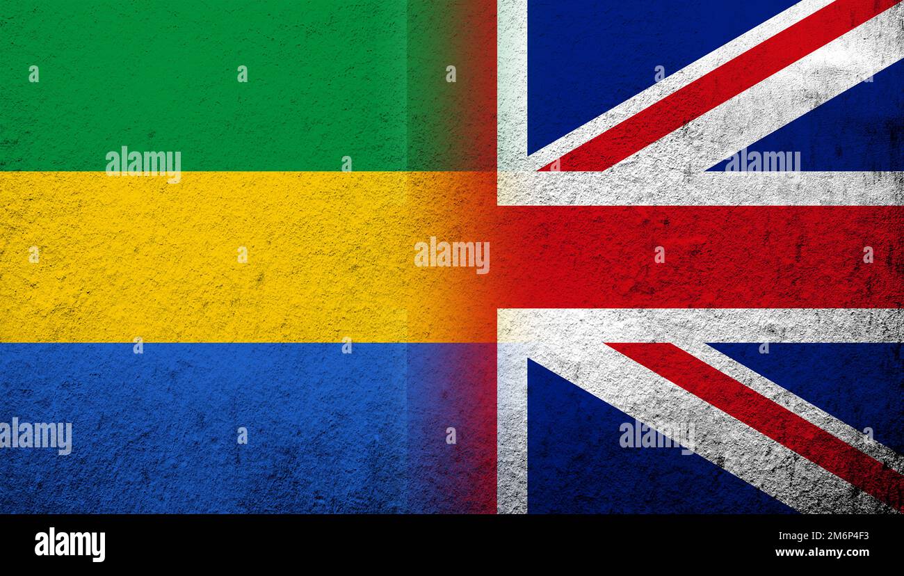 Drapeau national du Royaume-Uni (Grande-Bretagne) Union Jack avec drapeau national du Gabon. Grunge l'arrière-plan Banque D'Images