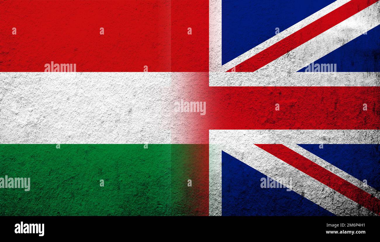 Drapeau national du Royaume-Uni (Grande-Bretagne) Union Jack avec drapeau national de la Hongrie. Grunge l'arrière-plan Banque D'Images
