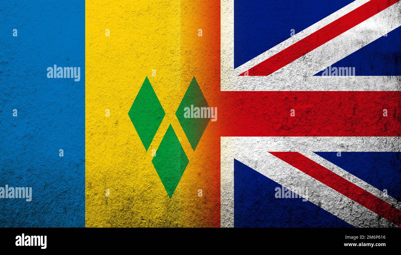 Drapeau national du Royaume-Uni (Grande-Bretagne) Union Jack avec drapeau national de Saint-Vincent-et-les Grenadines. Grunge arrière Banque D'Images