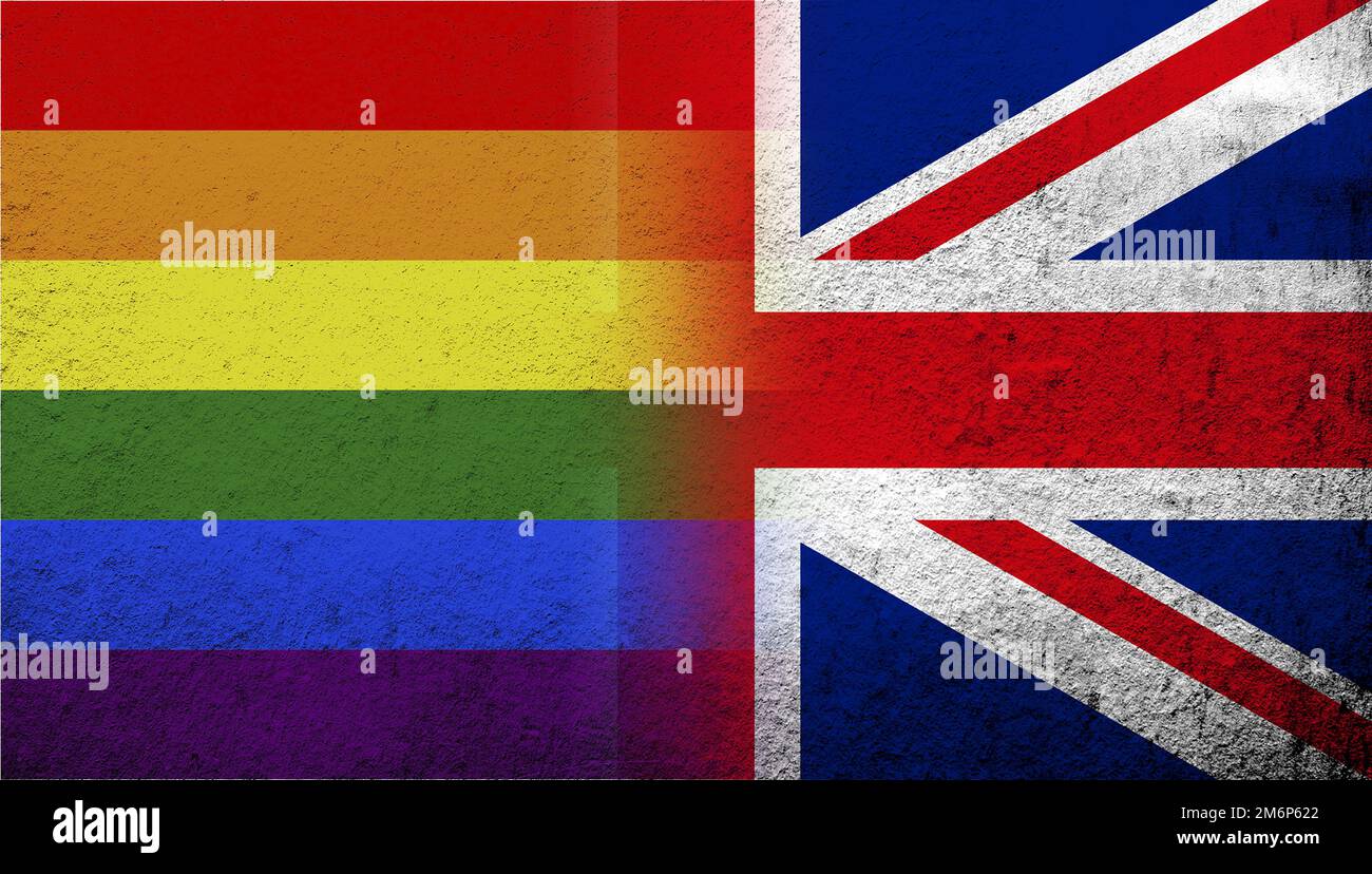 Drapeau national du Royaume-Uni (Grande-Bretagne) Union Jack avec Rainbow LGBT Pride drapeau. Grunge l'arrière-plan Banque D'Images