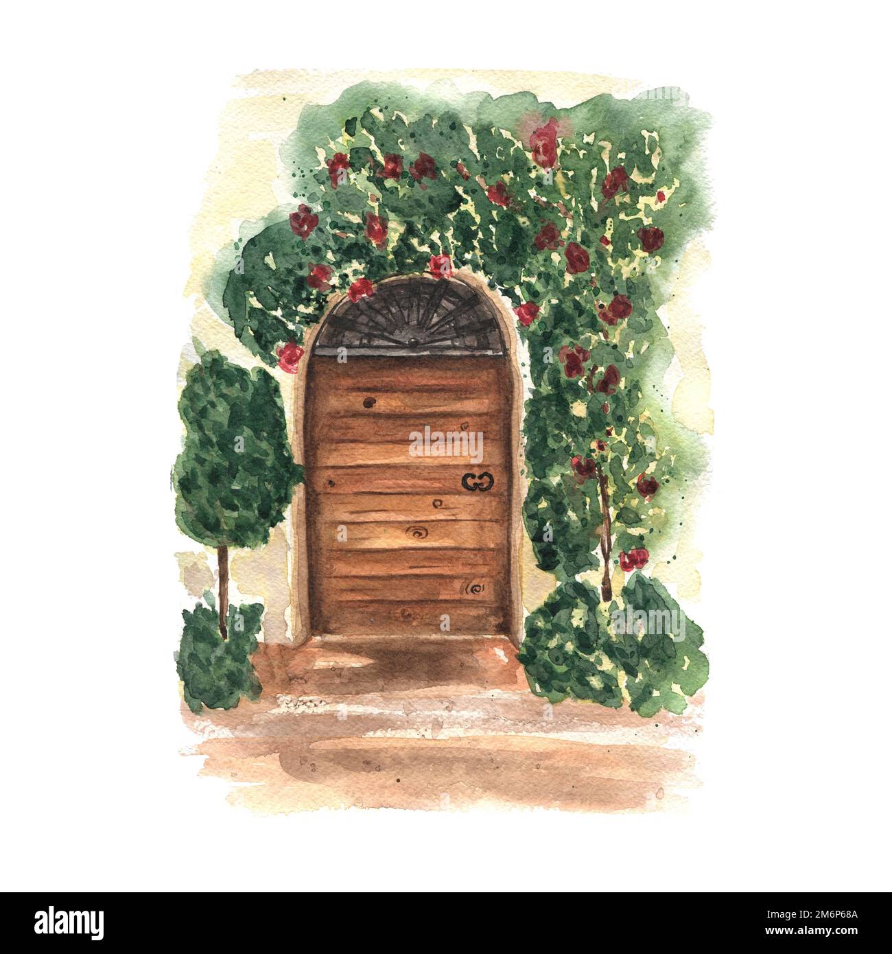 Carte postale aquarelle avec ancienne porte en bois à motif fleuri décoratif. Design provençal. Italie endroit romantique.Blooming roses, cour urbaine. Banque D'Images