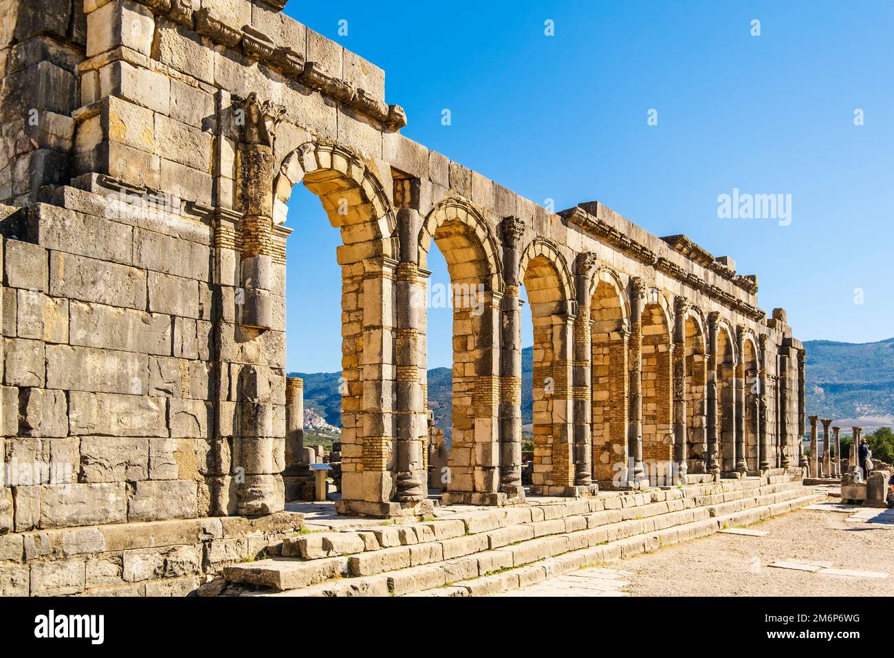 Ruines romaines bien conservées à Volubilis, région de Fez Meknes, Maroc, Afrique du Nord Banque D'Images