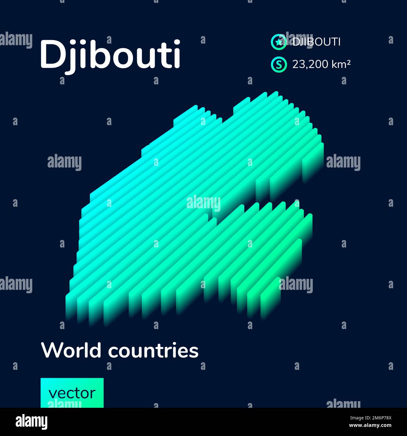 Carte isométrique à vecteur stylisé à rayures 3D de Djibouti. La carte de Djibouti est en vert néon et couleur menthe sur fond bleu foncé Illustration de Vecteur
