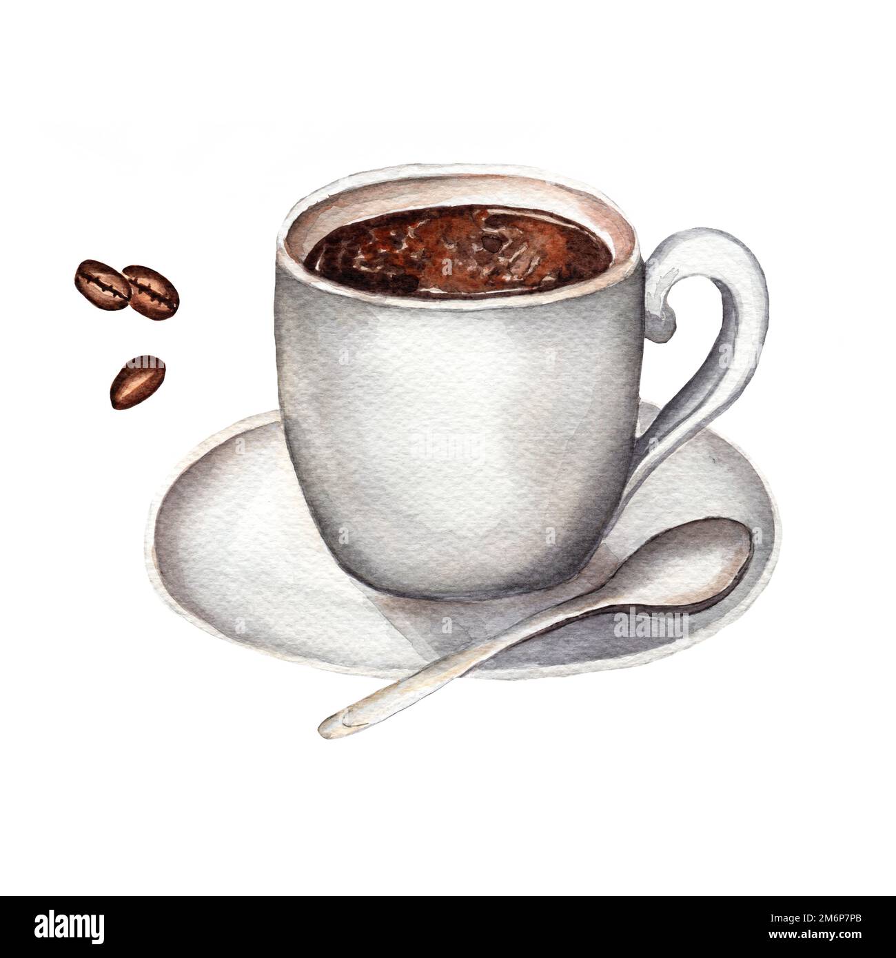 Tasse d'aquarelle de café noir, cuillère et grains de café isolés sur fond blanc. Illustration aquarelle dessinée à la main. Banque D'Images