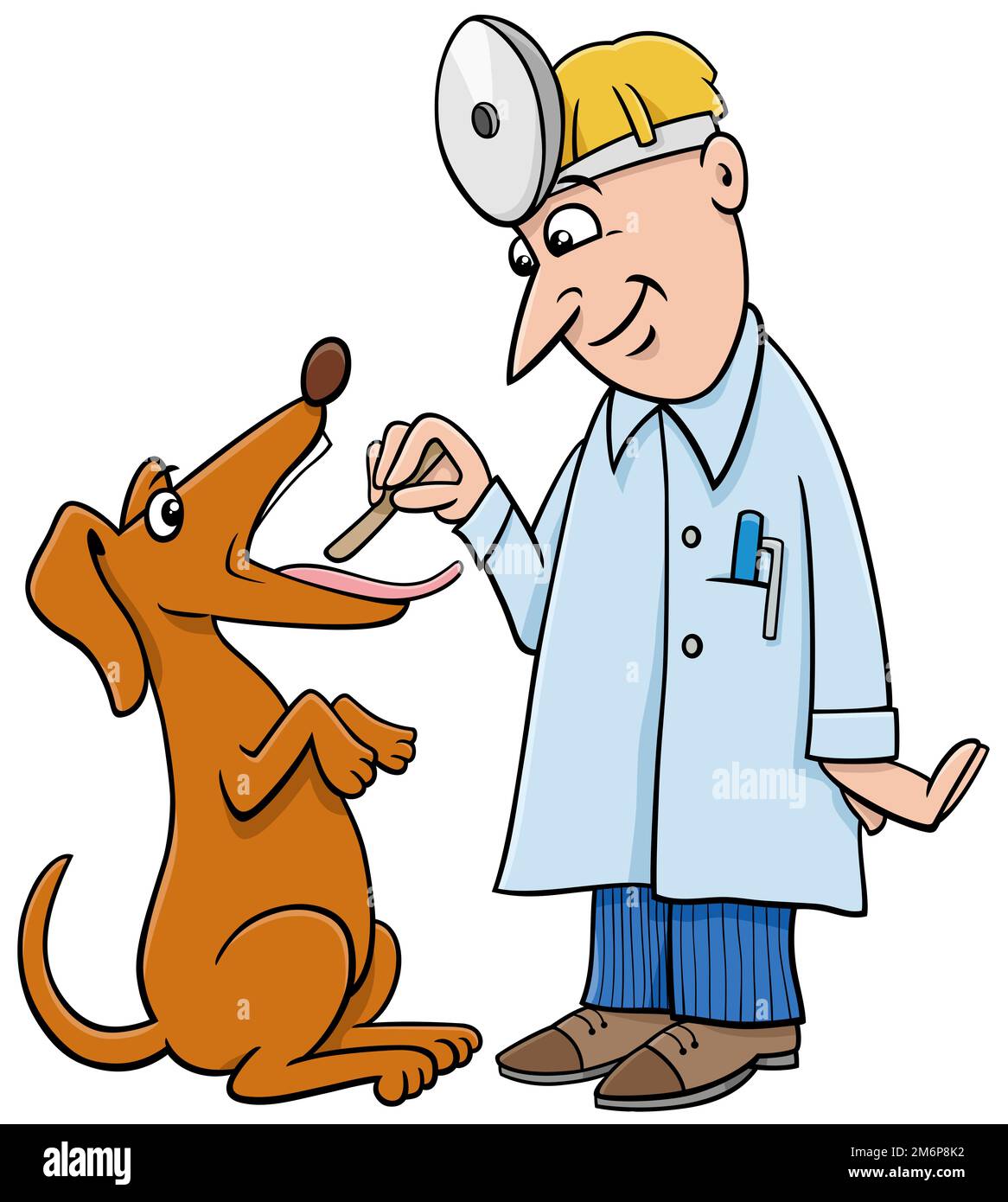 Personnage de chien de dessin animé au vétérinaire ayant examen de gorge Banque D'Images