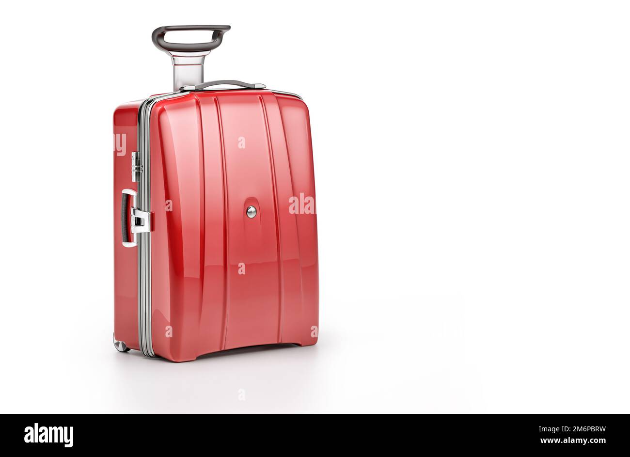 Valise de voyage élégante rouge isolée sur fond blanc. Valise à bagages à roulettes, bagages de vacances d'été avec espace pour le texte, 3D Voyage de style minimal Banque D'Images