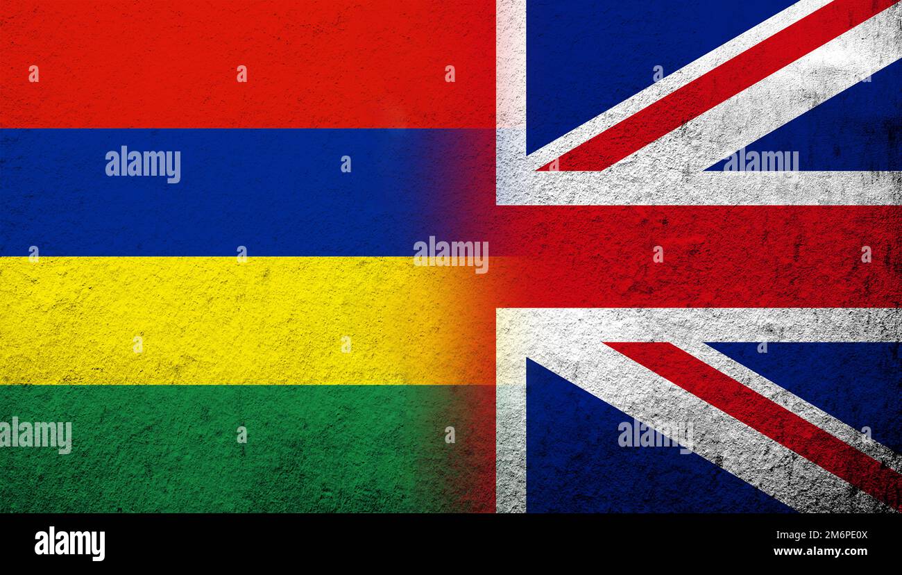 Drapeau national du Royaume-Uni (Grande-Bretagne) Union Jack avec la République de Maurice drapeau national. Grunge l'arrière-plan Banque D'Images