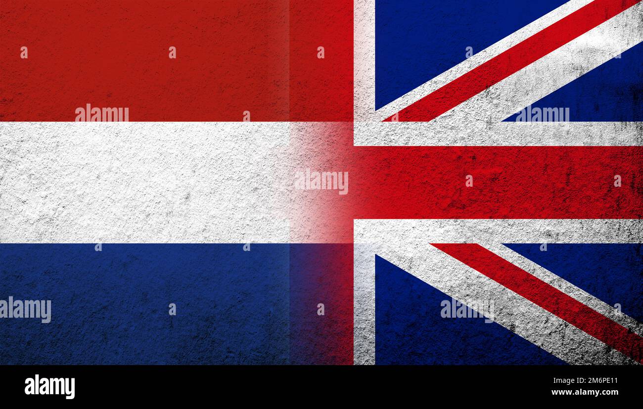 Drapeau national du Royaume-Uni (Grande-Bretagne) Union Jack avec le Royaume des pays-Bas drapeau national. Grunge l'arrière-plan Banque D'Images