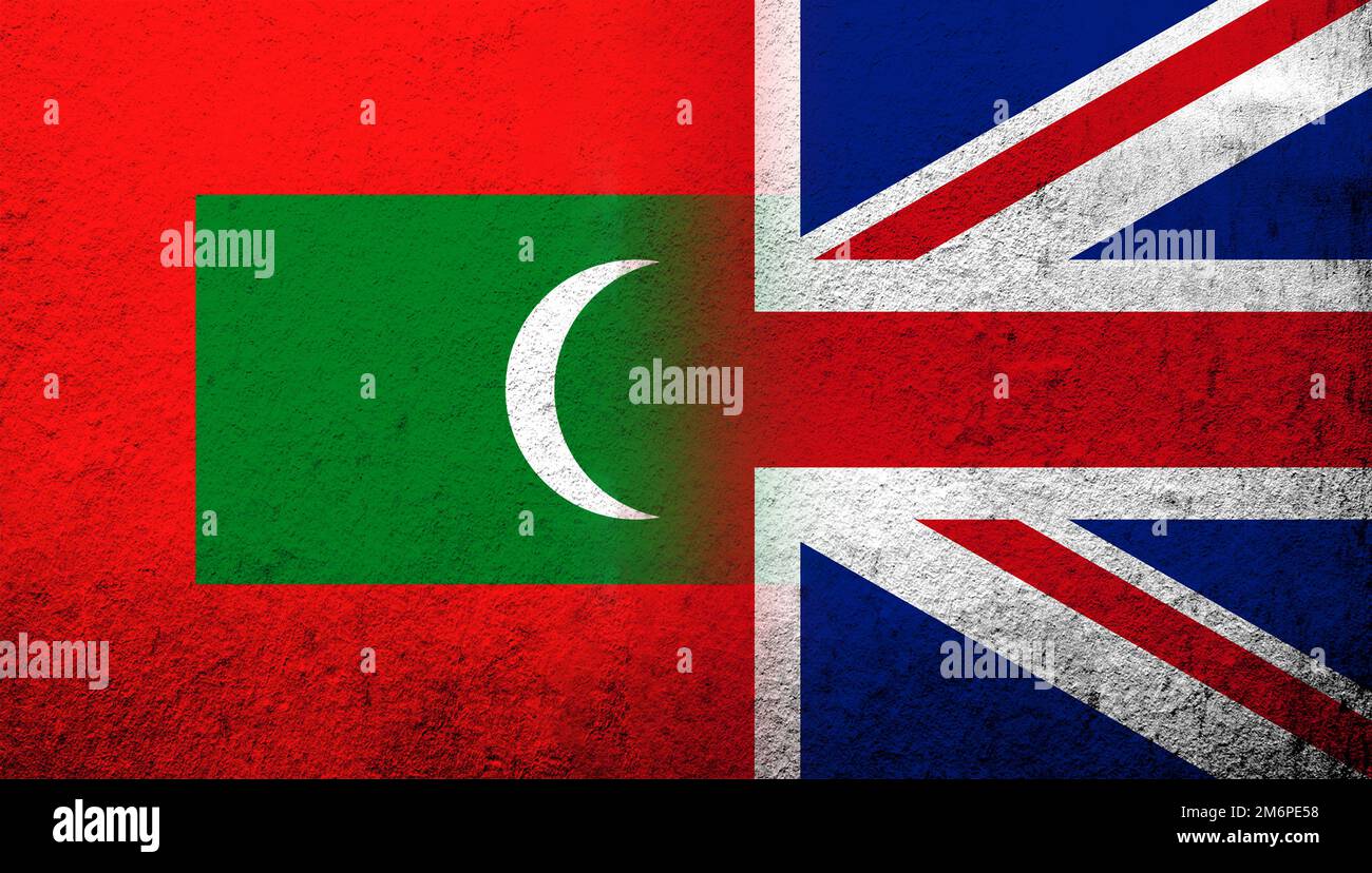 Drapeau national du Royaume-Uni (Grande-Bretagne) Union Jack avec la République des Maldives drapeau national. Grunge l'arrière-plan Banque D'Images