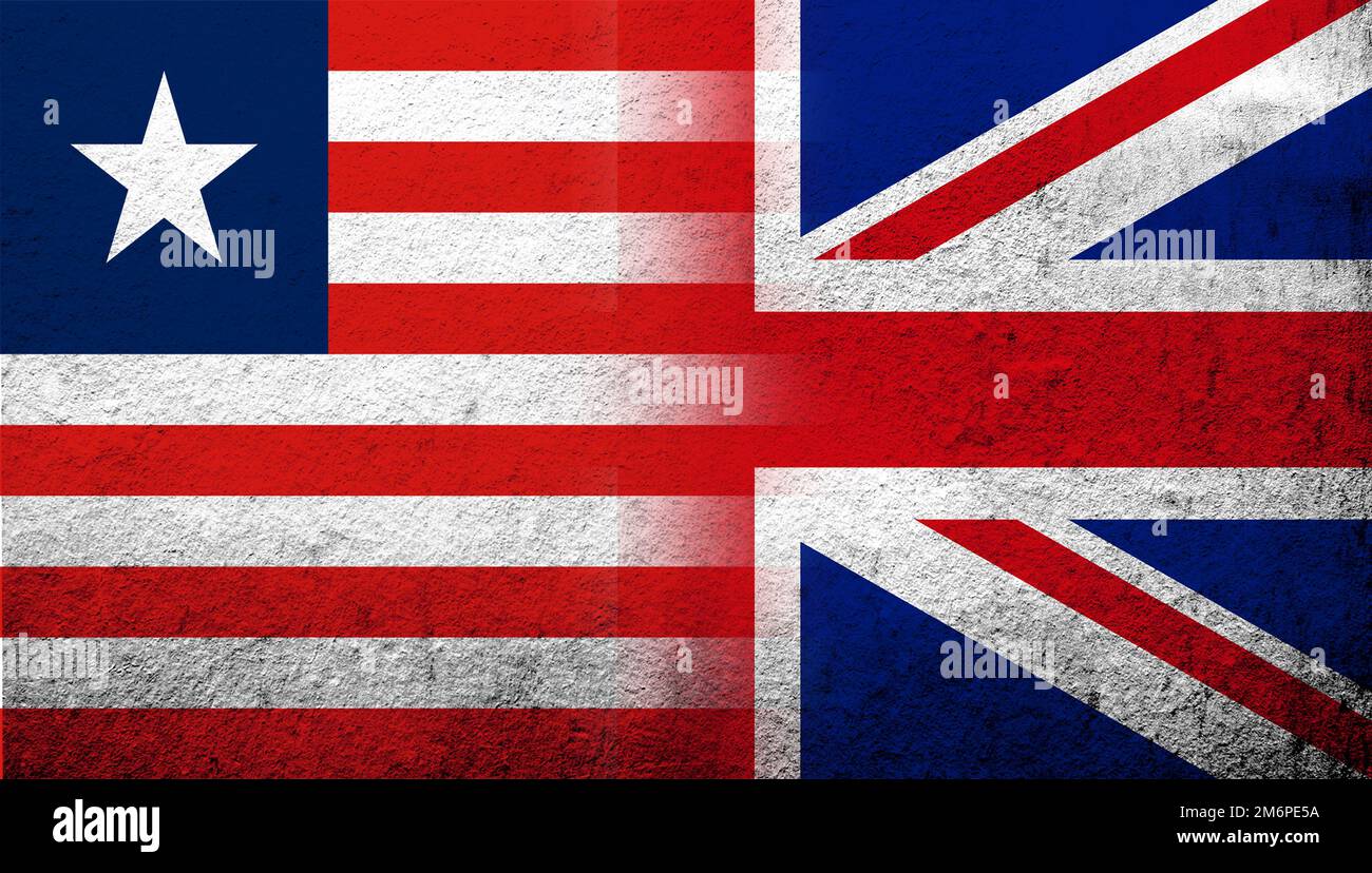Drapeau national du Royaume-Uni (Grande-Bretagne) Union Jack avec la République du Libéria drapeau national. Grunge l'arrière-plan Banque D'Images