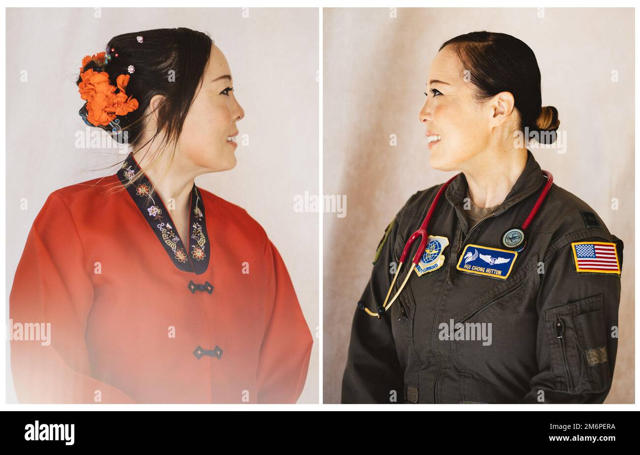 ÉTATS-UNIS Le capitaine de la Force aérienne, hui Chong Hutton, infirmière de vol du 60th Escadron d'évacuation aéromédicale, participe à une campagne du mois du patrimoine asiatique américain et insulaire du Pacifique à la base aérienne de Travis, en Californie, au 3 mai 2022. Hutton est né et a grandi à Kun San, en Corée du Sud. Elle a vécu en Corée pendant près de 30 ans avant d'immigrer aux États-Unis; elle est la première de sa famille à rejoindre l'armée américaine. Hutton a été déployée en Afghanistan en 2018 et, en 2021, elle a soutenu les missions de l'opération alliés Welcome et du personnel d'augmentation médicale des passagers. Banque D'Images