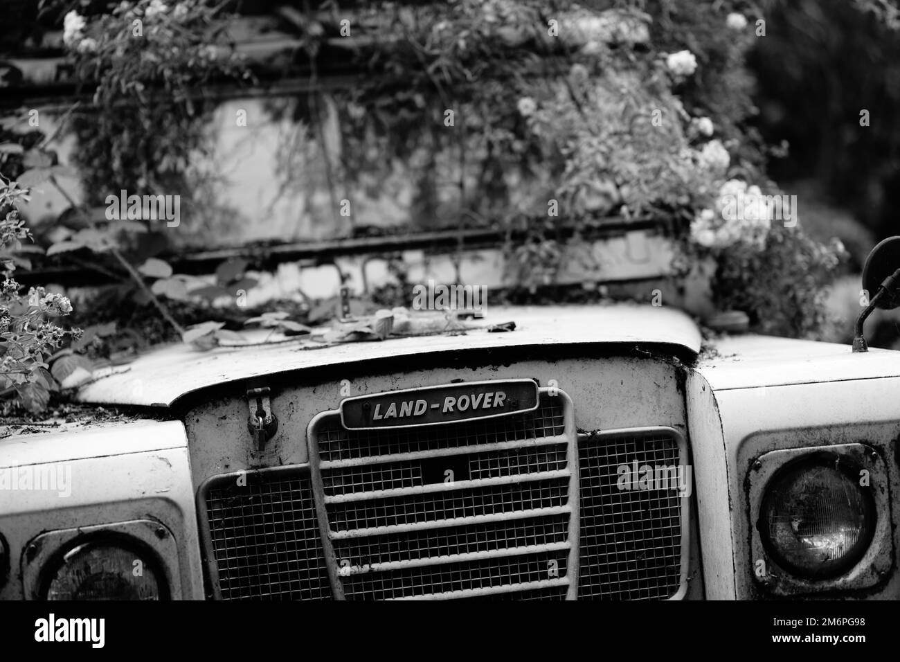 Manchester UK Déc 2022 ancien véhicule tout-terrain Land rover 4 x 4 endommagé qui se déroute avec un badge de calandre et de capot Banque D'Images