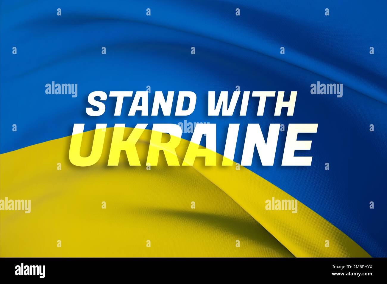 Stand sur le thème du drapeau de l'Ukraine. Pavillon national de l'Ukraine. Rendu de gros plan 3D ondulé et très détaillé. Banque D'Images