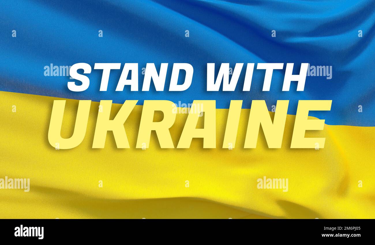 Stand sur le thème du drapeau de l'Ukraine. Pavillon national de l'Ukraine. Rendu de gros plan 3D ondulé et très détaillé. Banque D'Images