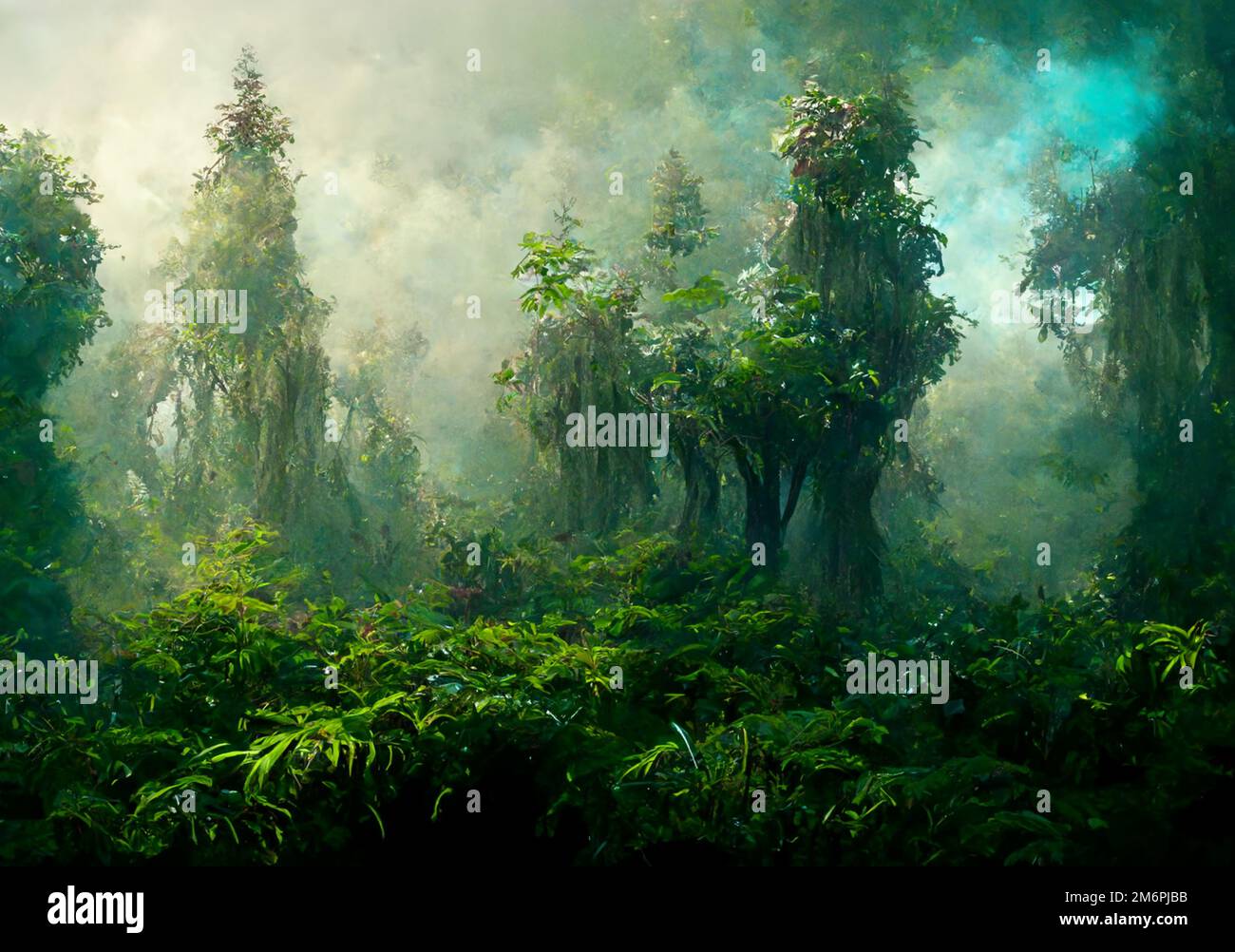 Forêt de contes de fées vert foncé avec lumières éthérées art numérique Banque D'Images