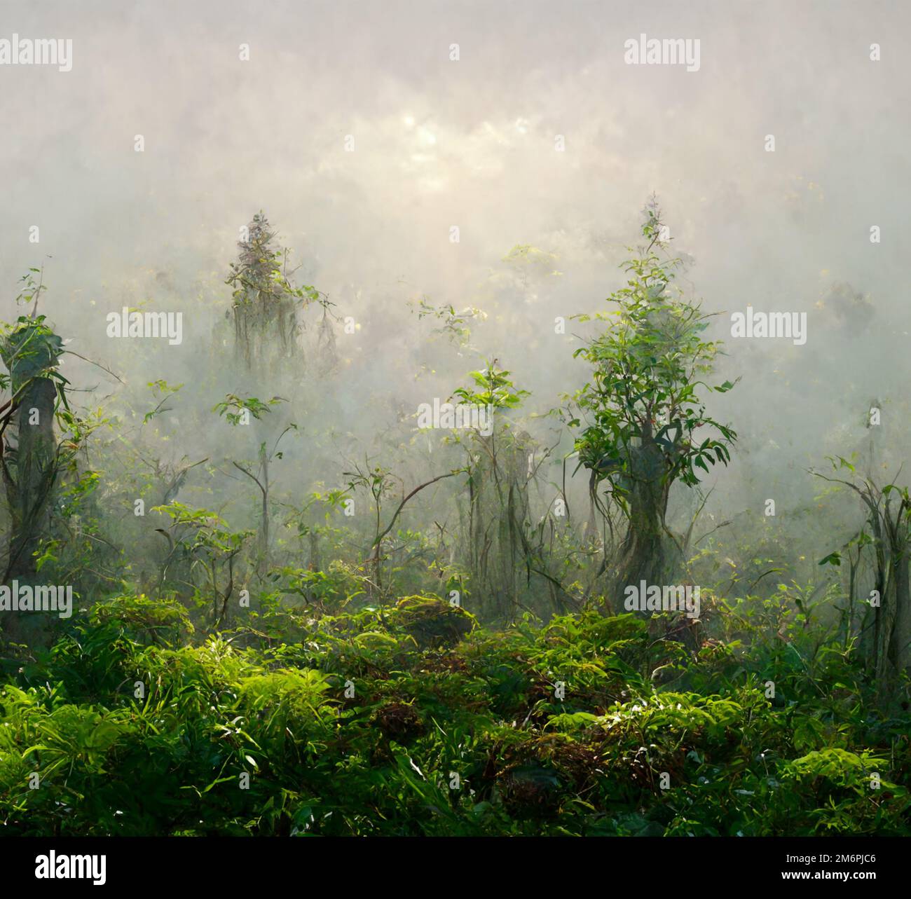 Forêt de contes de fées vert foncé avec lumières éthérées art numérique Banque D'Images