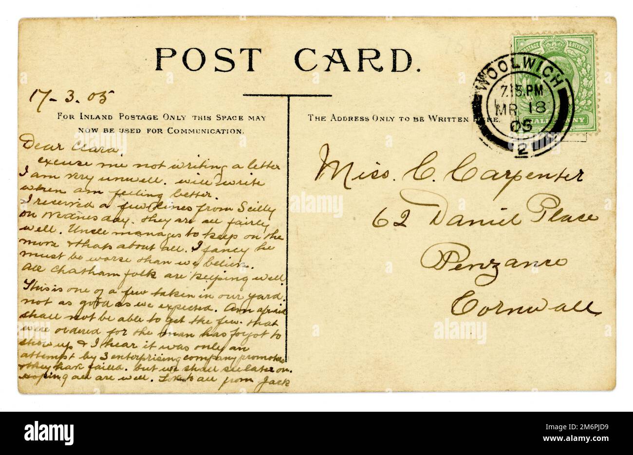 Inverse de la carte postale originale de l'époque Edwardienne, affichée le 18 mars 1905 à Woolwich, dans le sud-est de Londres, au Royaume-Uni Banque D'Images