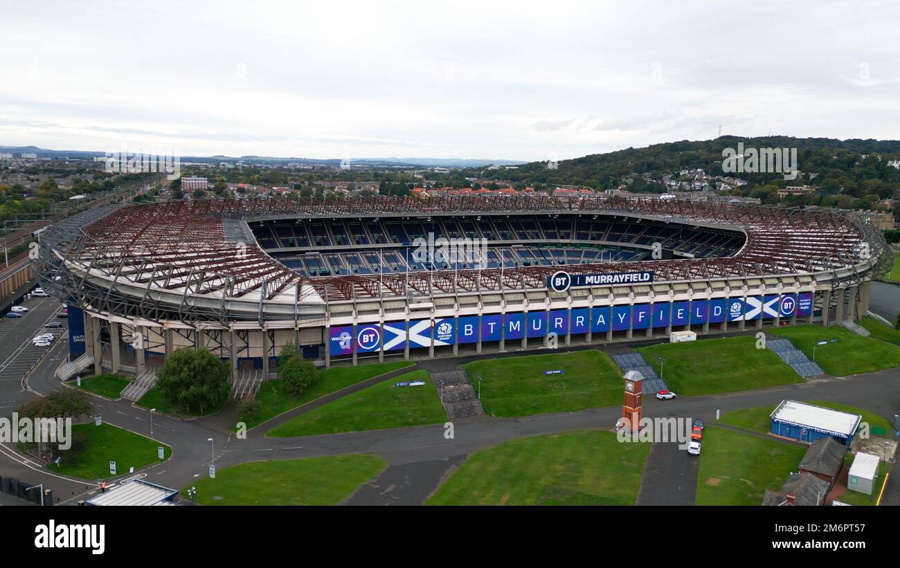 Murrayfield Stadium à Édimbourg d'en haut - vue aérienne - EDIMBOURG, ÉCOSSE - 04 OCTOBRE 2022 Banque D'Images