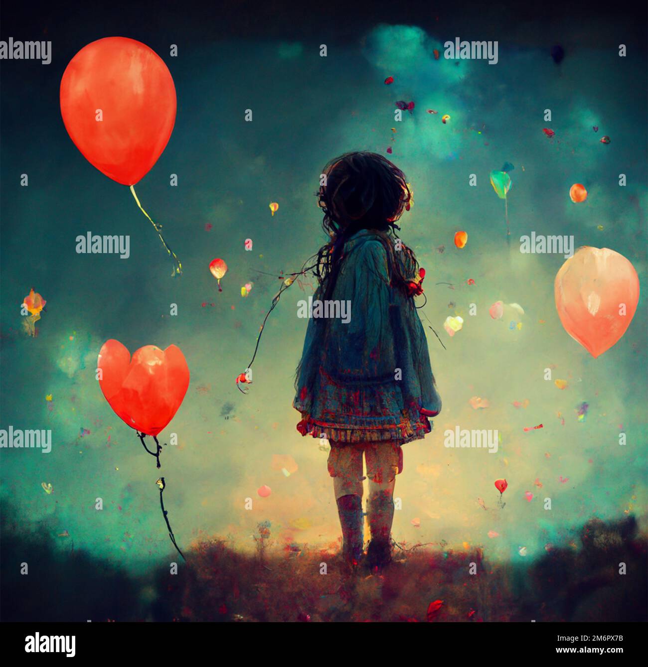 Petite fille dans un monde de conte de fées avec des ballons rouges de coeur Banque D'Images