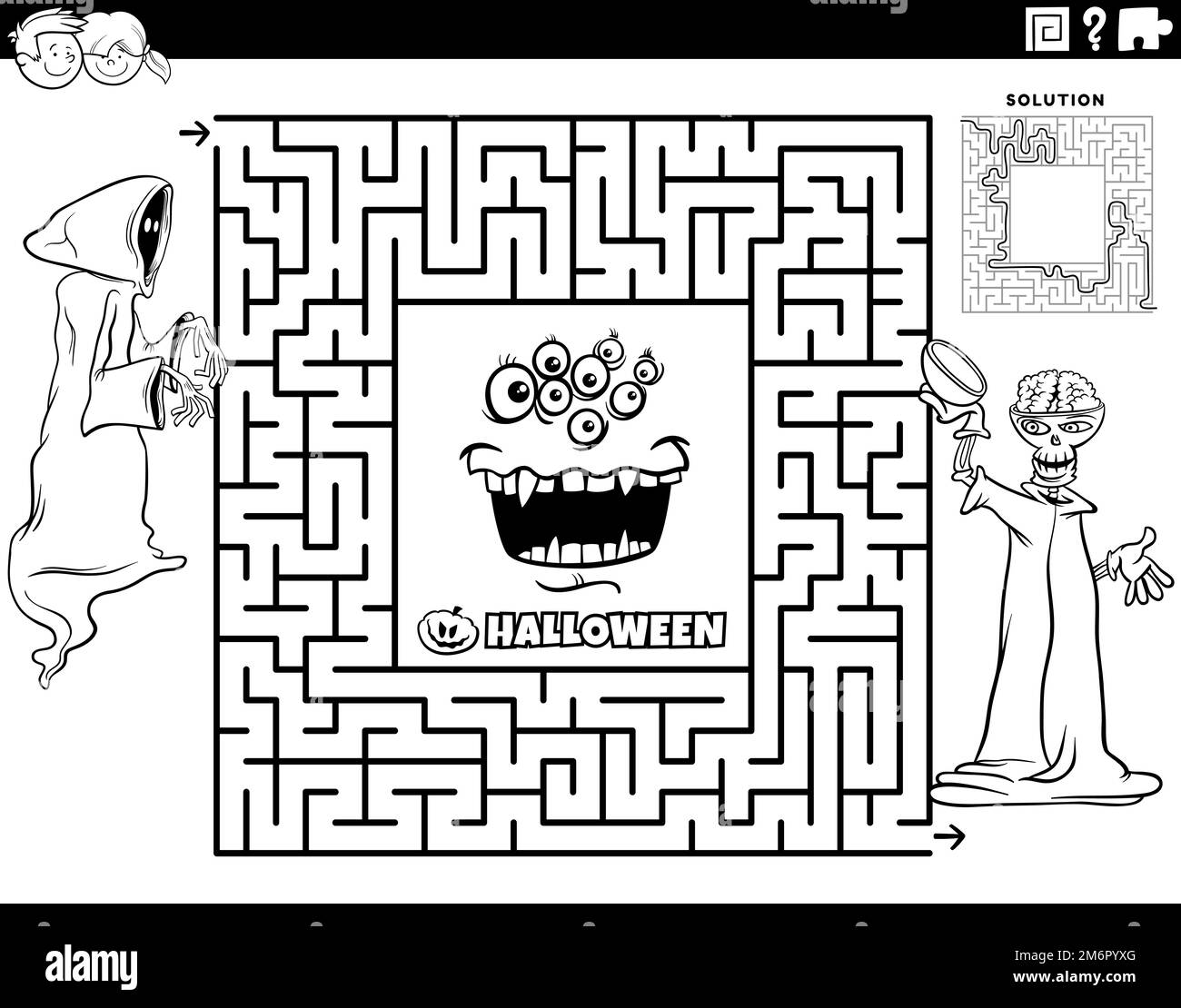 Labyrinthe avec squelette et monstre sur la page de coloriage d'Halloween Banque D'Images