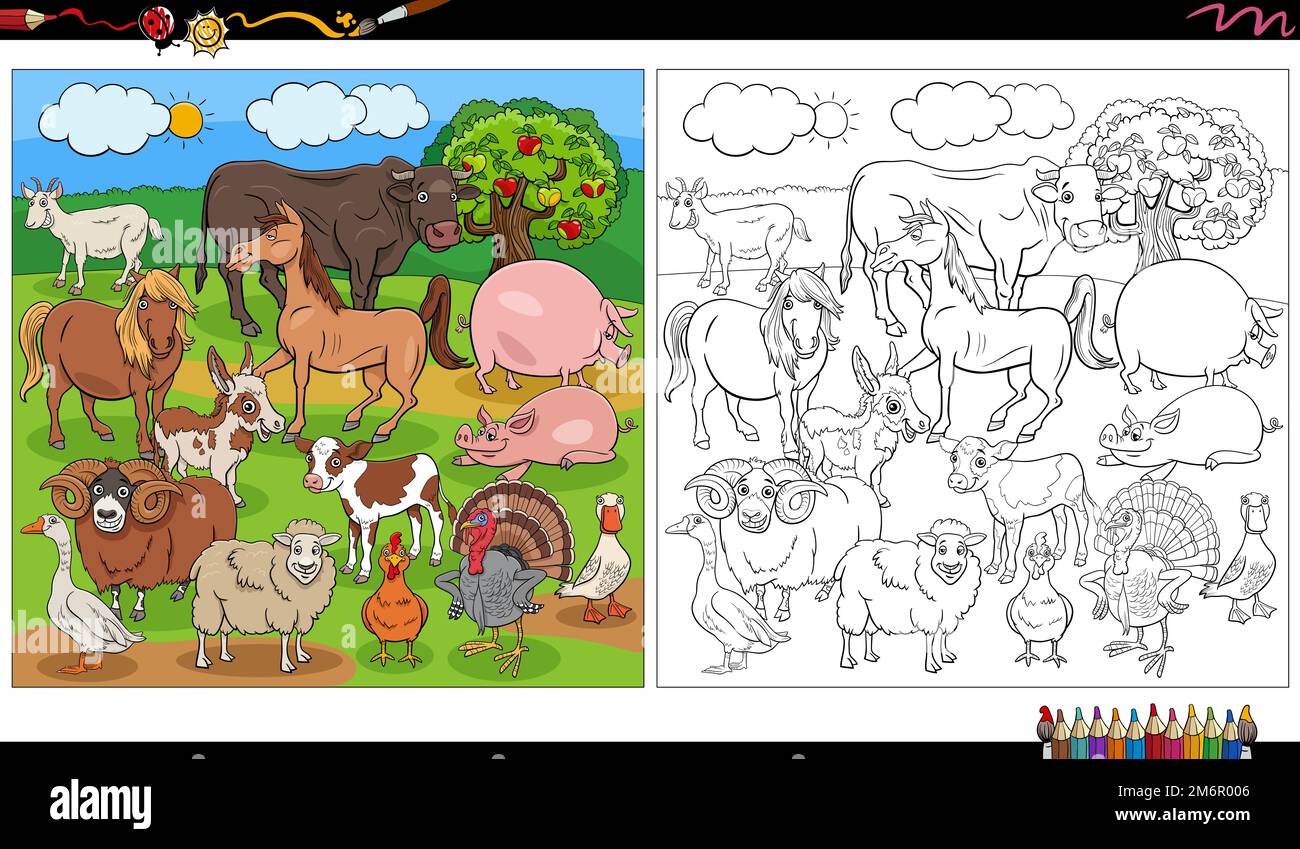 Page de coloriage de groupe de personnages animaux de la ferme de dessins animés Banque D'Images