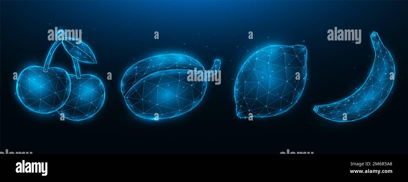 Illustration vectorielle polygonale cerisier, prune, citron et banane isolée sur fond bleu foncé. Conception en polyéthylène basse teneur en fruits. Slot mac Banque D'Images