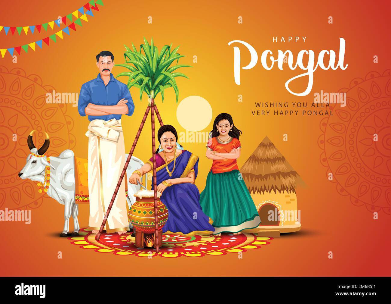 Nouvelle illustration du Happy Pongal Holiday Harvest Festival of Tamil Nadu Family Making Pongal. conception d'arrière-plan vectoriel abstrait Illustration de Vecteur