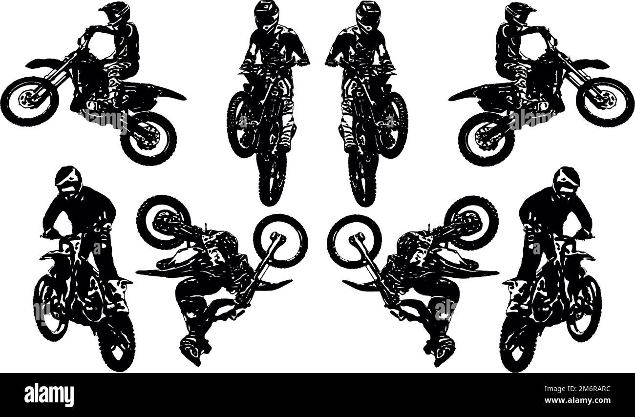 Ensemble d'images vectorielles noir et blanc de motocyclistes réalisant des cascades extrêmes dans la discipline du motofreestyle Banque D'Images