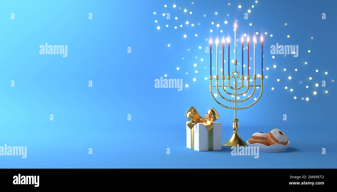 3D rendu image de vacances juives Hanukkah avec menorah ou Candelabra traditionnel, boîte gif, donut sur fond bleu. Banque D'Images