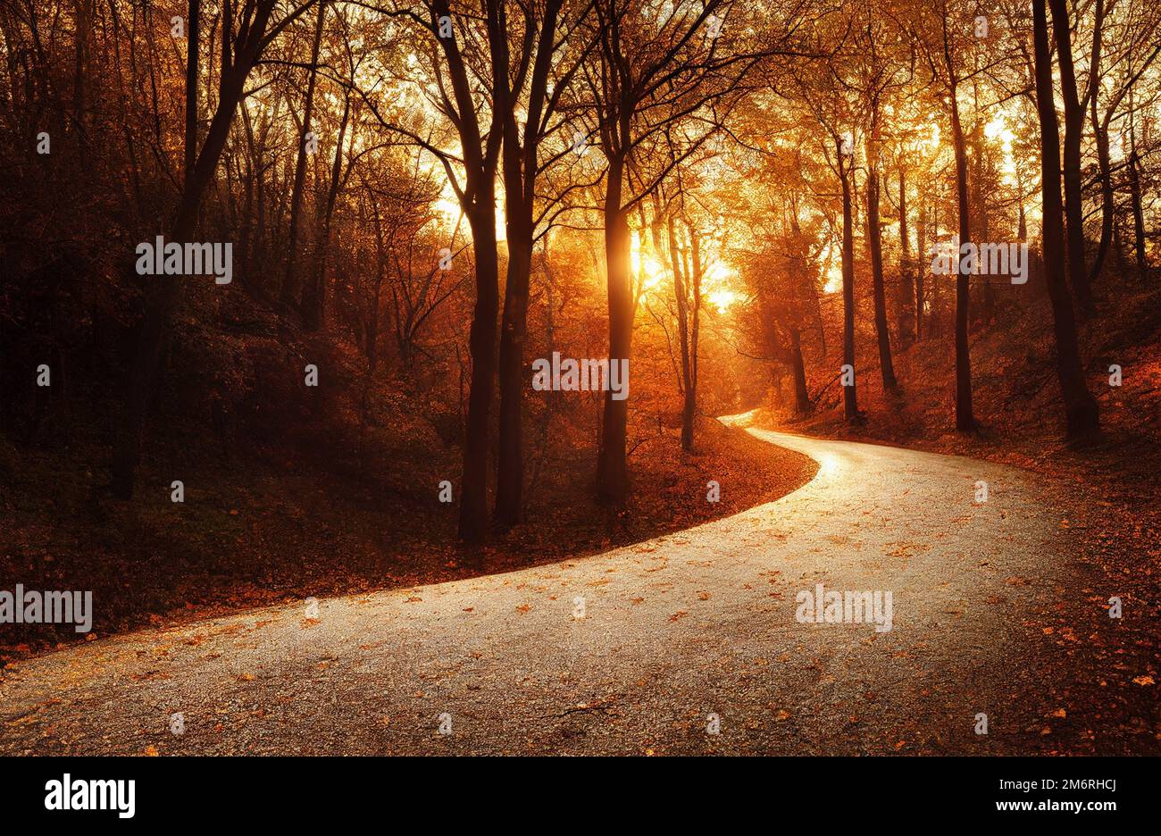 Route sinueuse dans une forêt d'automne colorée en coucher de soleil lumière illustration numérique Banque D'Images
