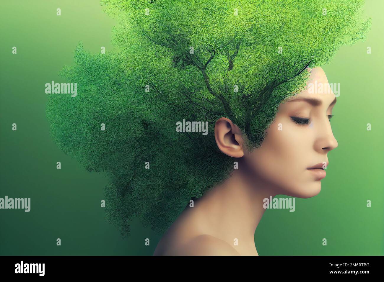 Arbre vert poussant d'une belle tête de femme Banque D'Images