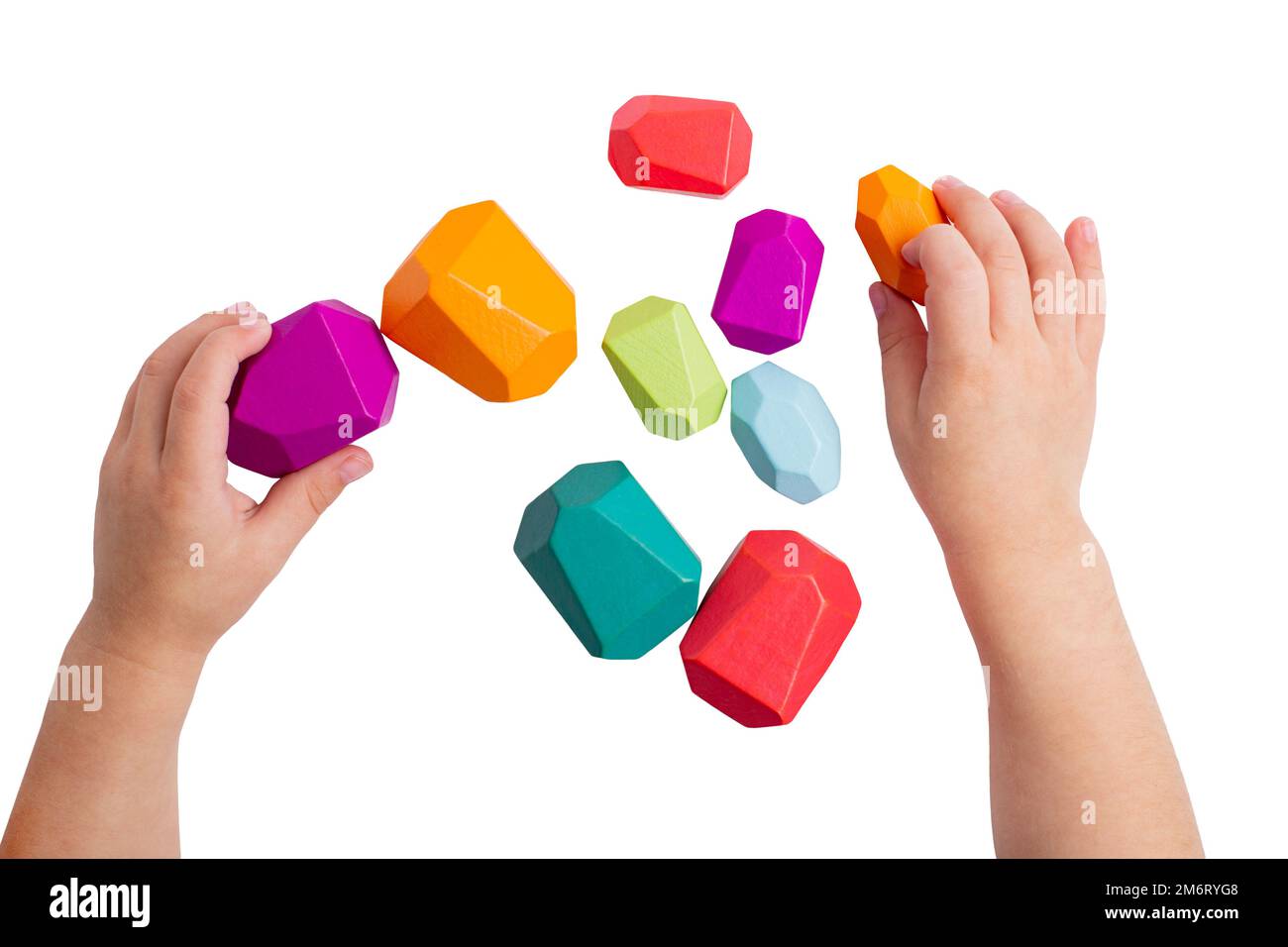 Blocs de jouets colorés en bois isolés, couleur arc-en-ciel. Développement du bébé. Elément de conception. Banque D'Images