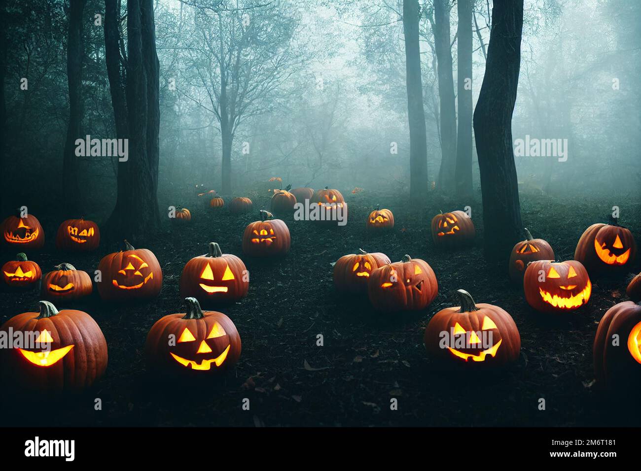 Carte d'Halloween Jack-o-lanternes en forêt Banque D'Images