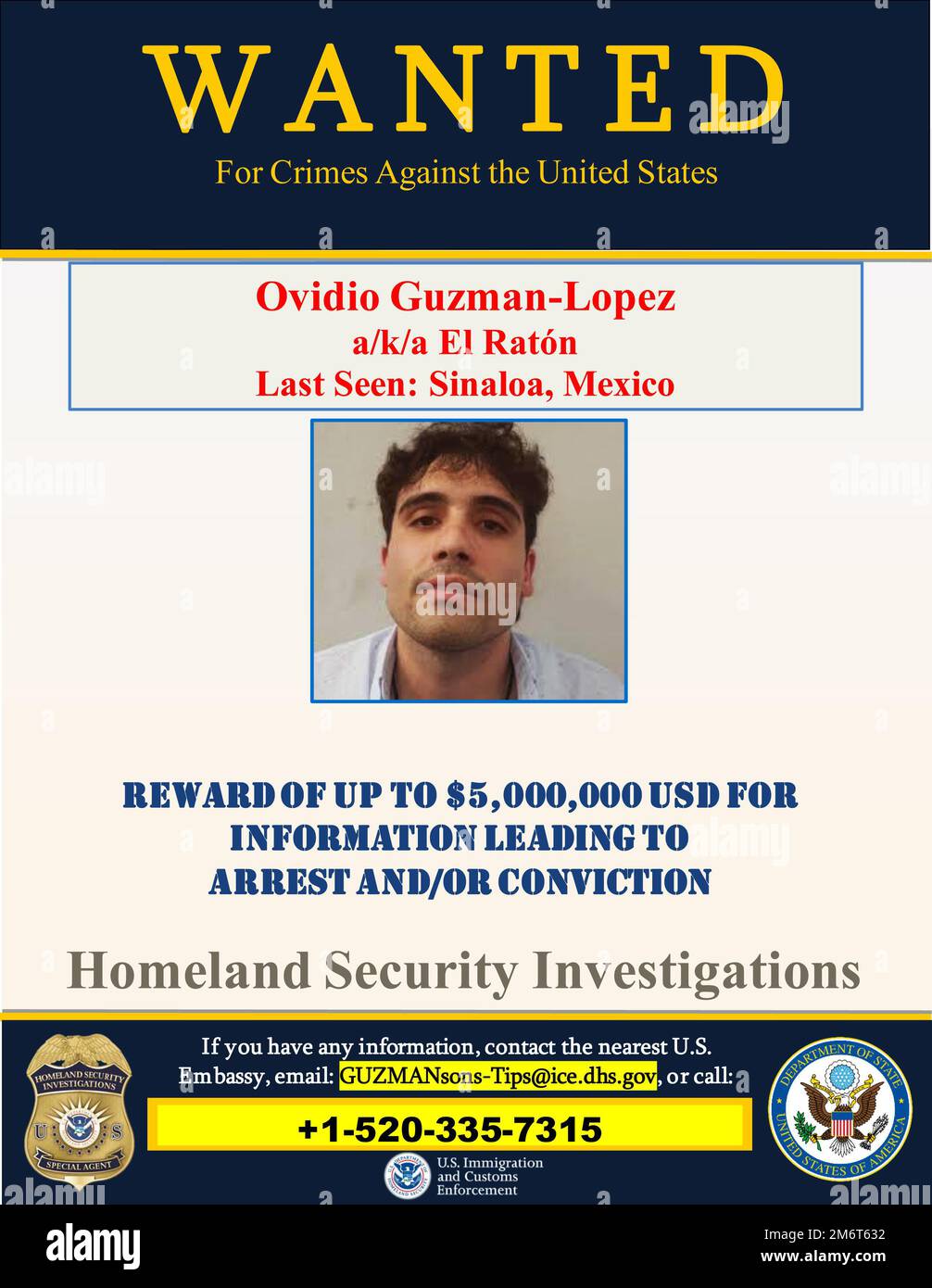 Sinaloa, Mexique, États-Unis. 5th janvier 2023. Ovidio Guzman, le fils du seigneur de la drogue 'El Chapo, ' a été arrêté pour suspicion d'accusations liées à la drogue dans une opération menée par les autorités fédérales de Mexico. (Image de crédit : © FBI/ZUMA Press Wire) Banque D'Images